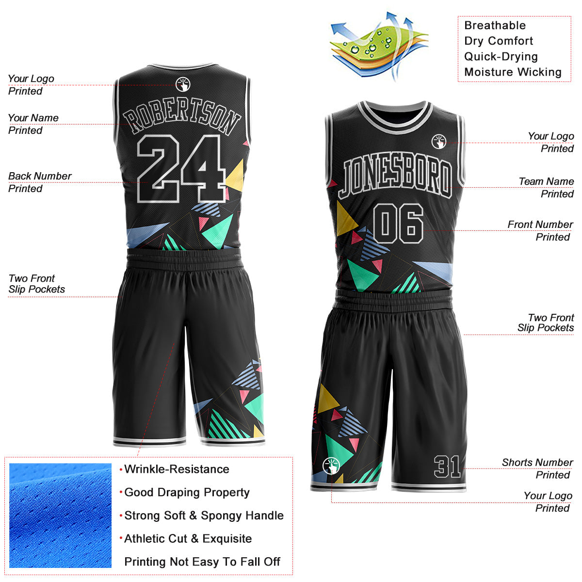 Custom Black Green Blue Pink Yellow-White Geometric Triangle Round Neck Sublimation Basketball Uniform Jersey