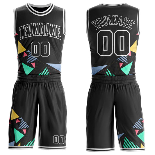 Custom Black Green Blue Pink Yellow-White Geometric Triangle Round Neck Sublimation Basketball Uniform Jersey