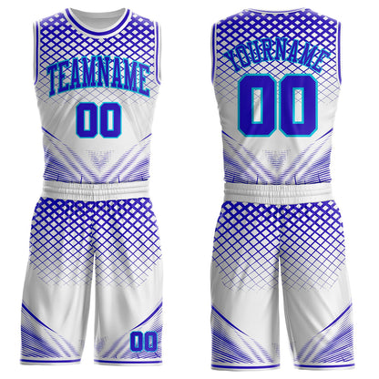 Custom White Purple-Lakes Blue Geometric Grid Round Neck Sublimation Basketball Uniform Jersey
