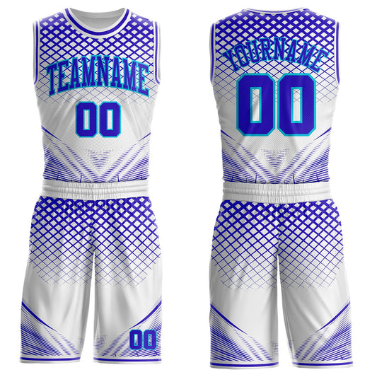 Custom White Purple-Lakes Blue Geometric Grid Round Neck Sublimation Basketball Uniform Jersey