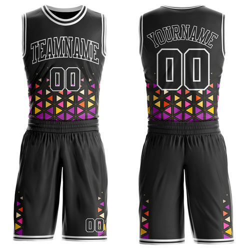 Custom Black Purple Yellow-White Geometric Triangle Round Neck Sublimation Basketball Uniform Jersey