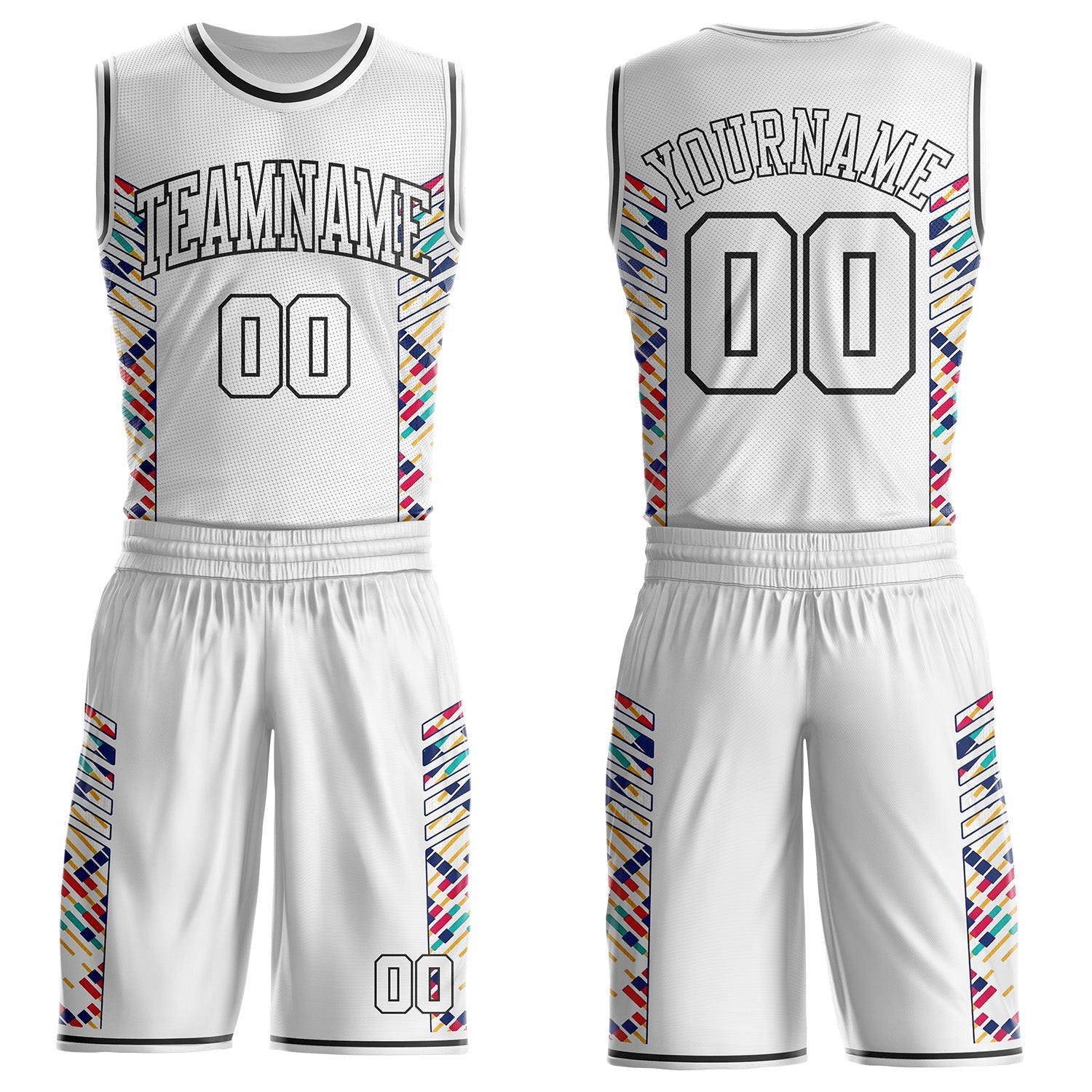 Custom White Pink Yellow-Black Tribal Stripe Round Neck Sublimation Basketball Uniform Jersey