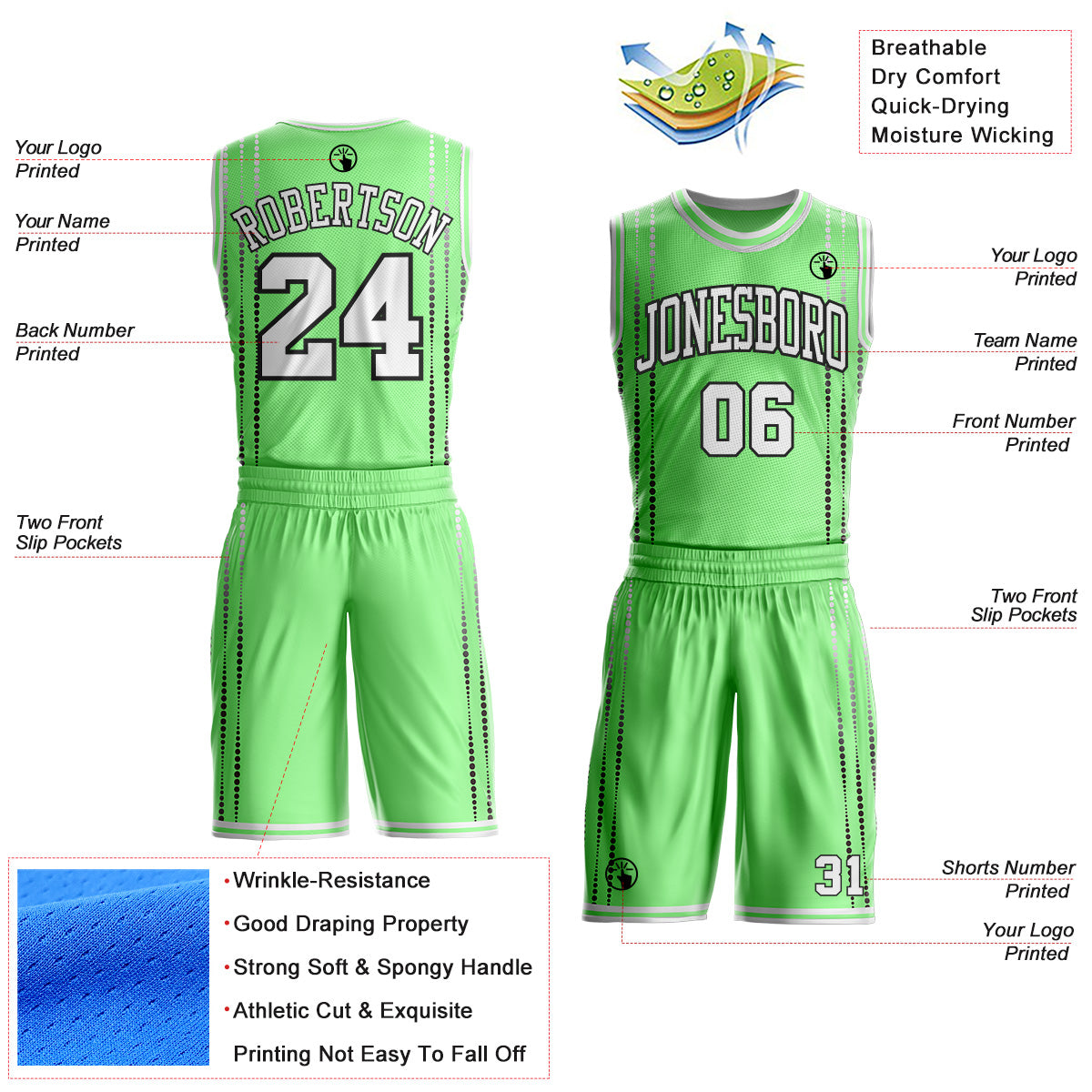 Custom Pea Green White-Black Dot Line Round Neck Sublimation Basketball Uniform Jersey