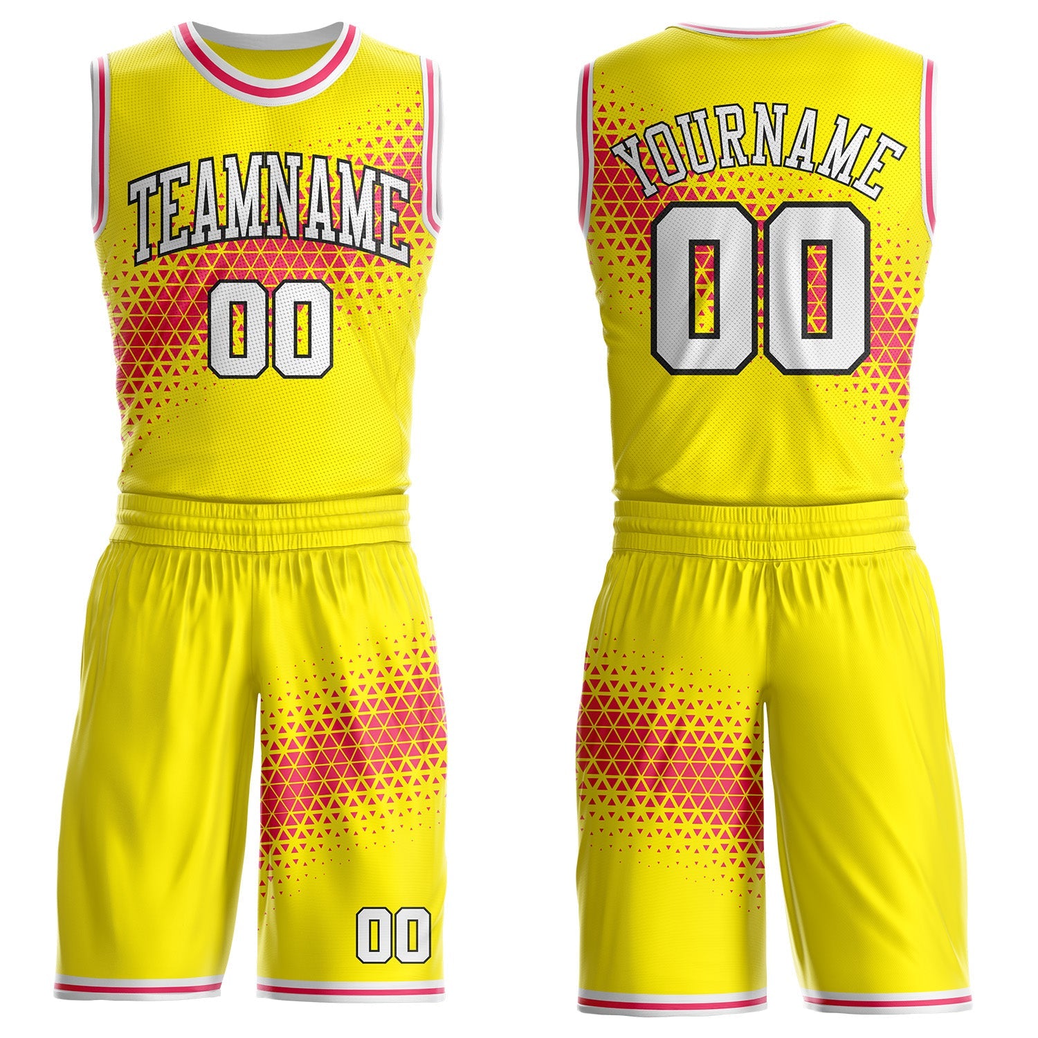 Custom Light Yellow White Neon Pink-Black Geometric Triangle Gradient Round Neck Sublimation Basketball Uniform Jersey
