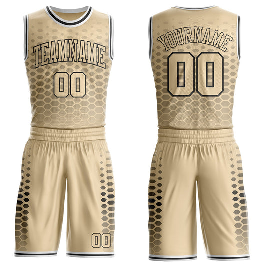 Custom City Cream Black-White Geometric Hexagon Gradient Round Neck Sublimation Basketball Uniform Jersey
