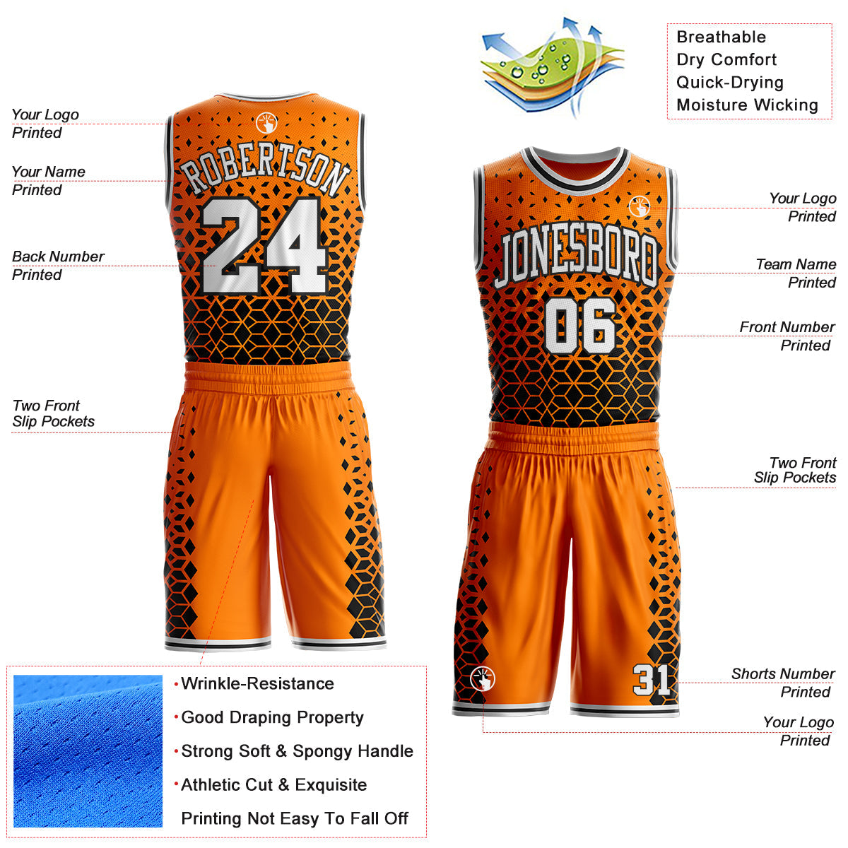 Custom Bay Orange White-Black Geometric Hexagon Gradient Round Neck Sublimation Basketball Uniform Jersey