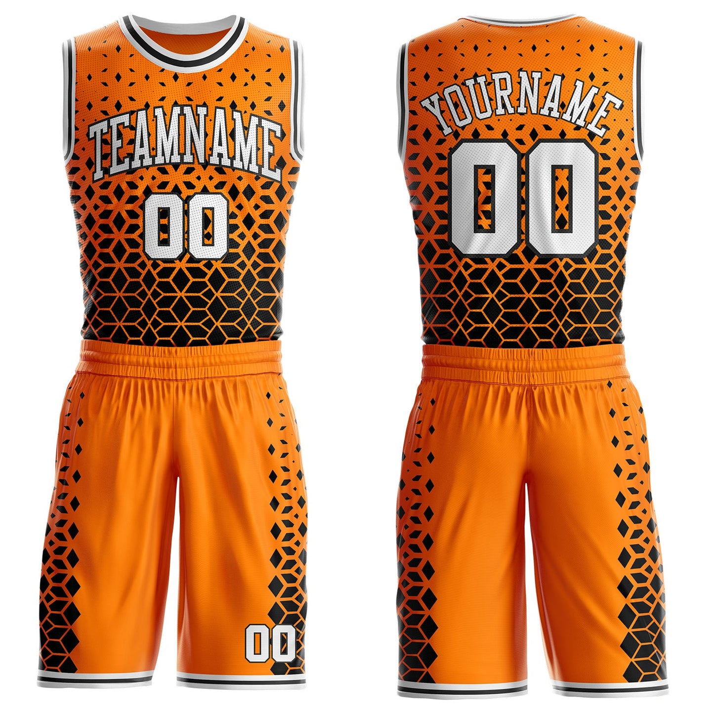 Custom Bay Orange White-Black Geometric Hexagon Gradient Round Neck Sublimation Basketball Uniform Jersey