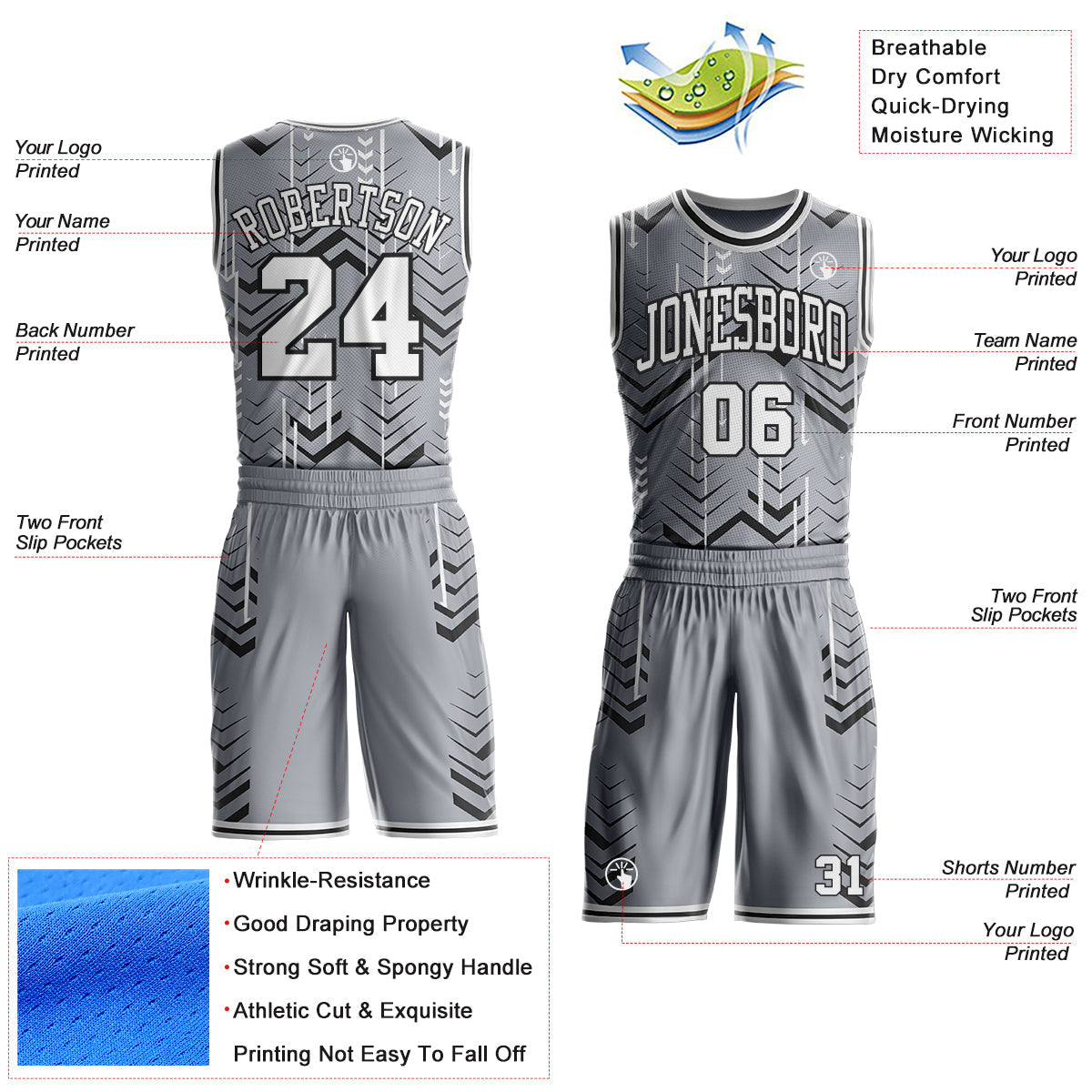 Custom Gray White-Black Geometric Chevron Pattern Round Neck Sublimation Basketball Uniform Jersey
