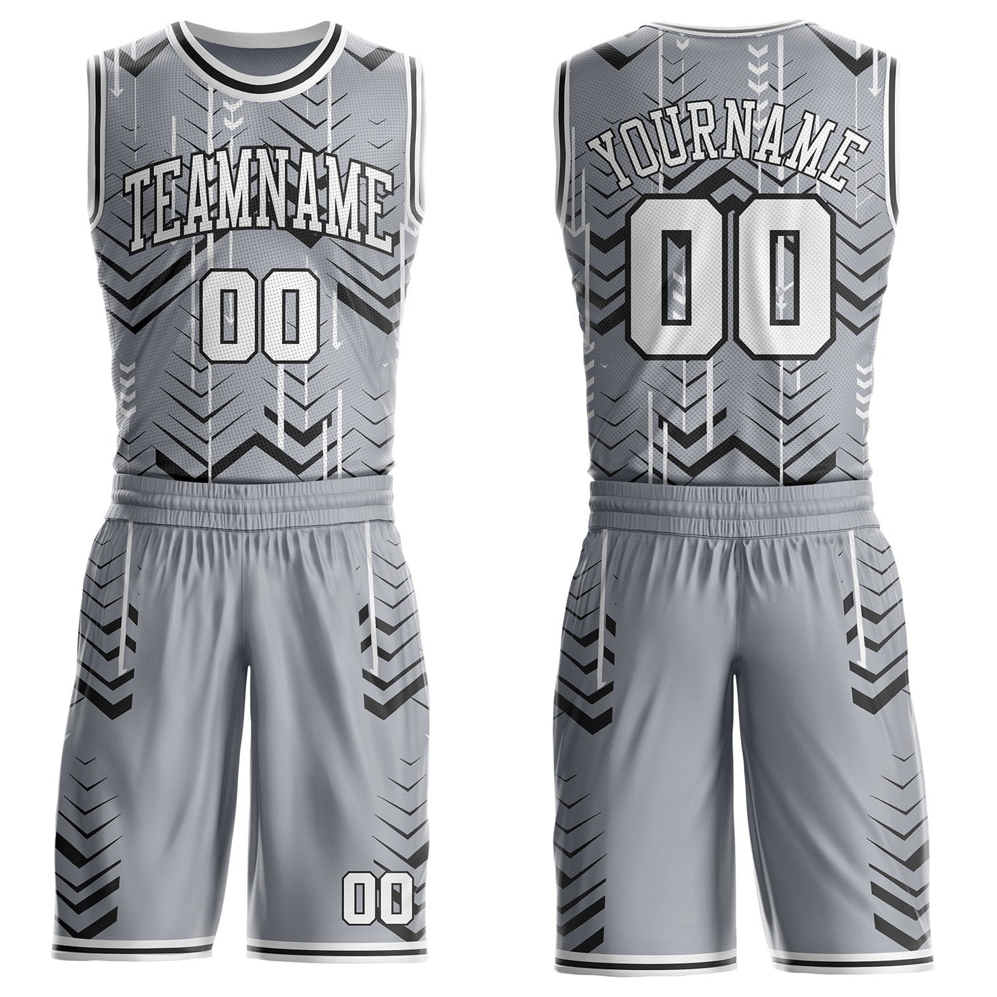 Custom Gray White-Black Geometric Chevron Pattern Round Neck Sublimation Basketball Uniform Jersey