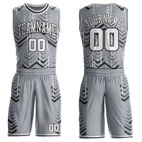 Custom Gray White-Black Geometric Chevron Pattern Round Neck Sublimation Basketball Uniform Jersey