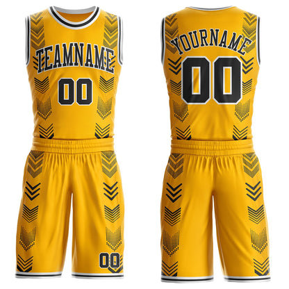 Custom Gold Black-White Geometric Chevron Pattern Round Neck Sublimation Basketball Uniform Jersey