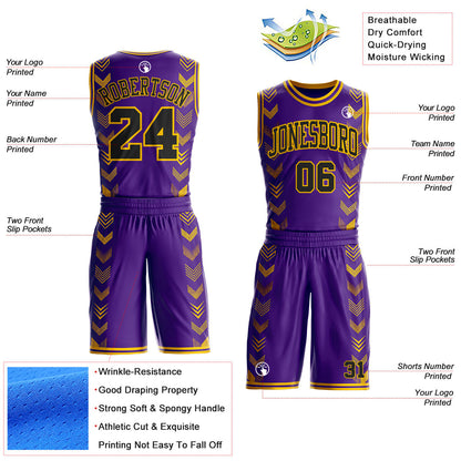 Custom Purple Black-Yellow Geometric Chevron Pattern Round Neck Sublimation Basketball Uniform Jersey
