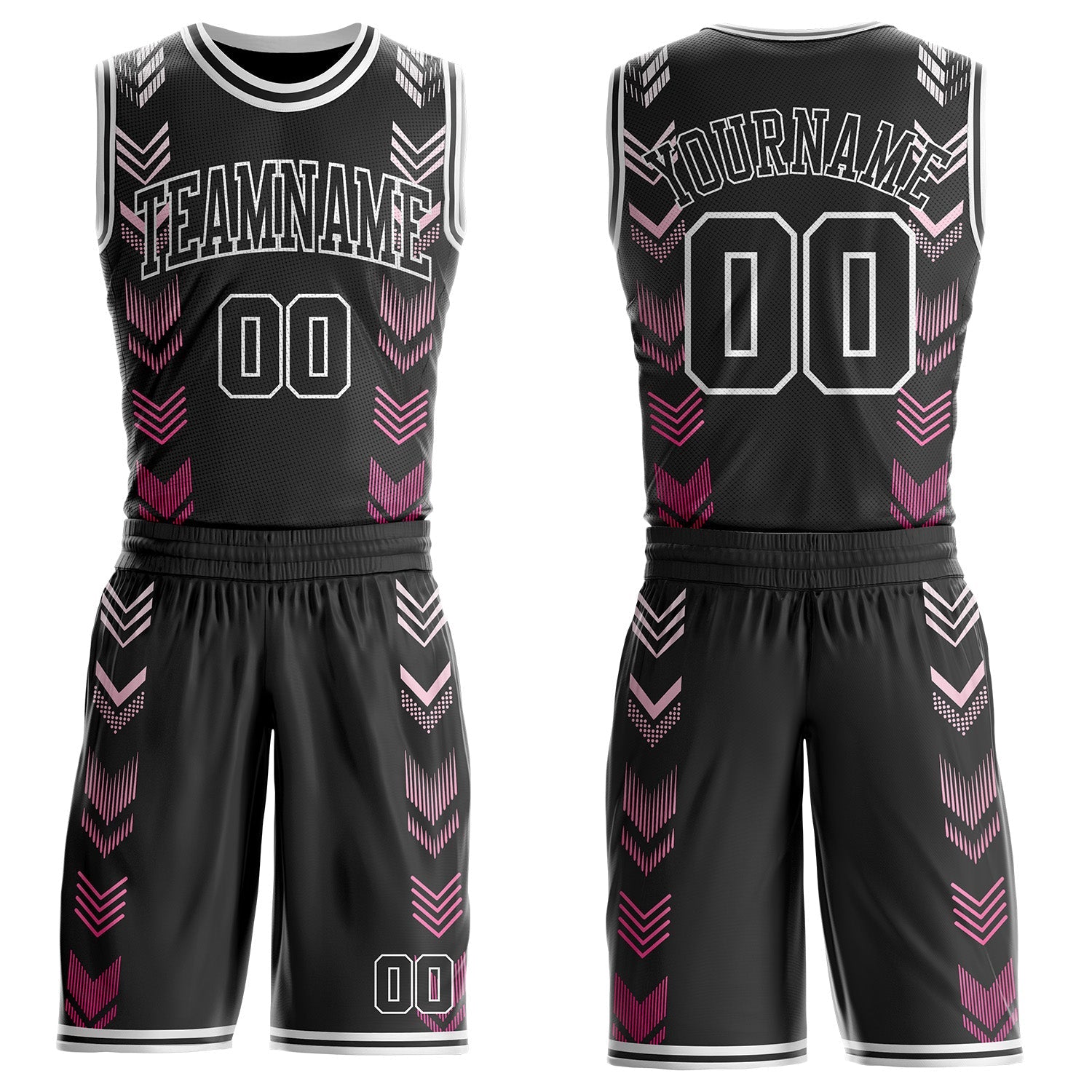 Custom Black-White Geometric Chevron Pattern Round Neck Sublimation Basketball Uniform Jersey