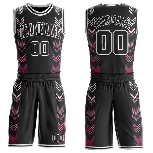 Custom Black-White Geometric Chevron Pattern Round Neck Sublimation Basketball Uniform Jersey