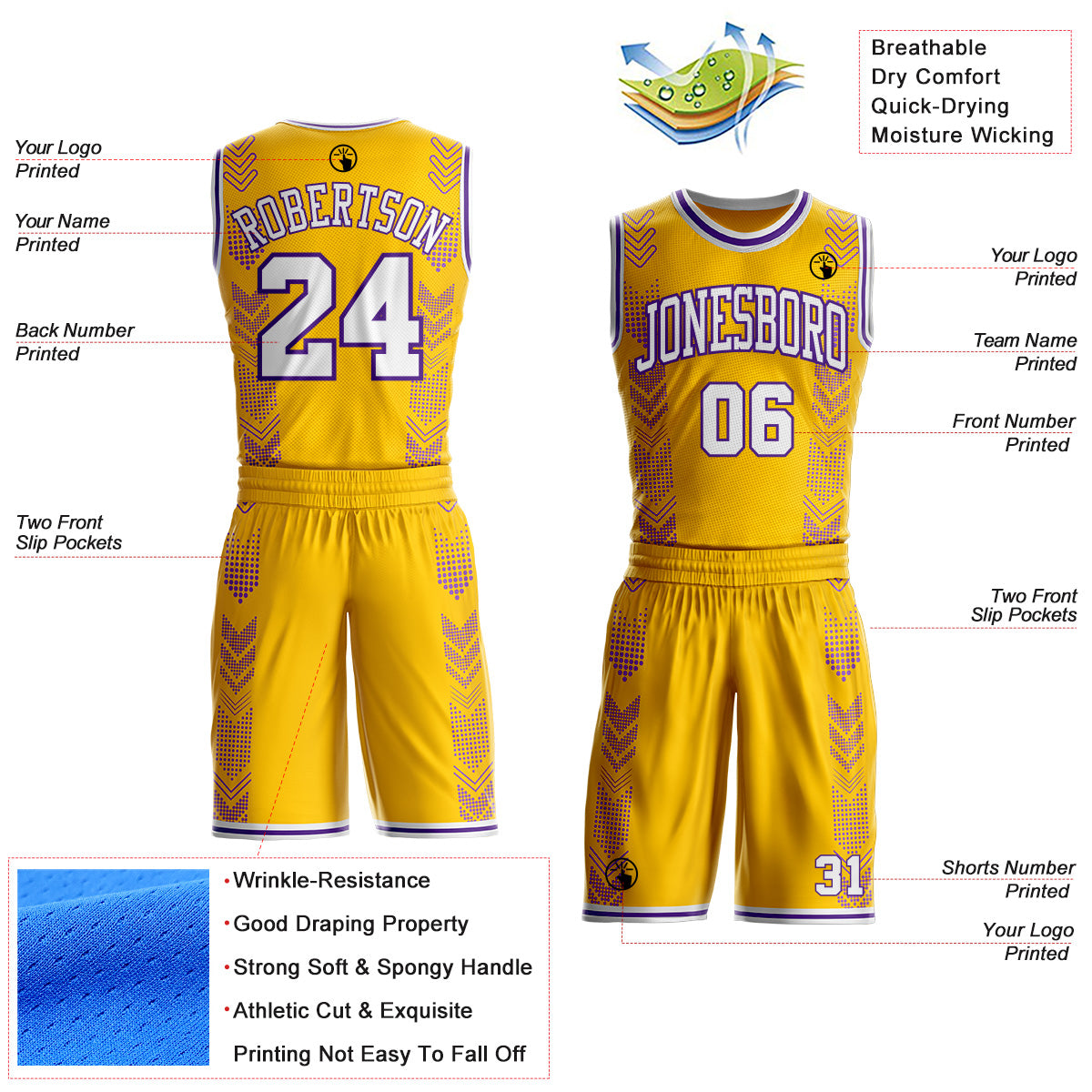Custom Gold White-Purple Geometric Chevron Pattern Round Neck Sublimation Basketball Uniform Jersey