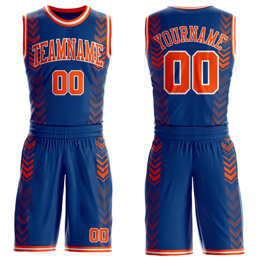Custom US Navy Blue Orange-White Geometric Chevron Pattern Round Neck Sublimation Basketball Uniform Jersey