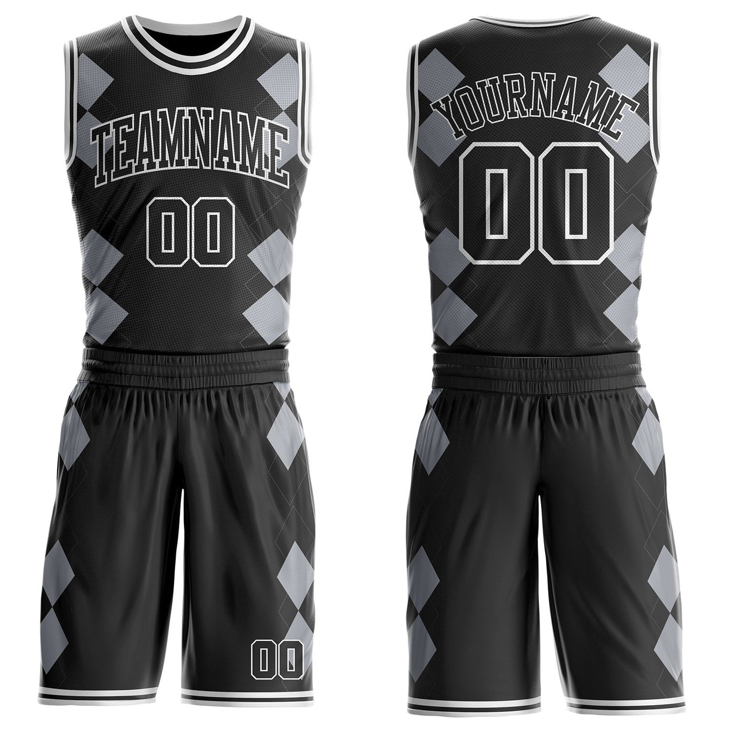 Custom Black Gray-White Geometric Diamond Grid Round Neck Sublimation Basketball Uniform Jersey