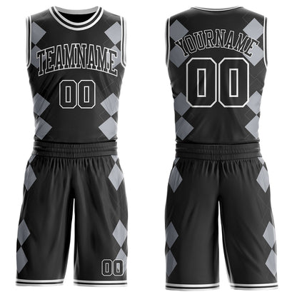 Custom Black Gray-White Geometric Diamond Grid Round Neck Sublimation Basketball Uniform Jersey