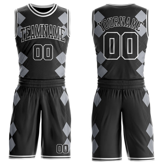 Custom Black Gray-White Geometric Diamond Grid Round Neck Sublimation Basketball Uniform Jersey