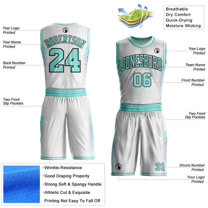 Custom White Ice Blue Hot Pink-Black Geometric Side Stripe Gradient Round Neck Sublimation Basketball Uniform Jersey
