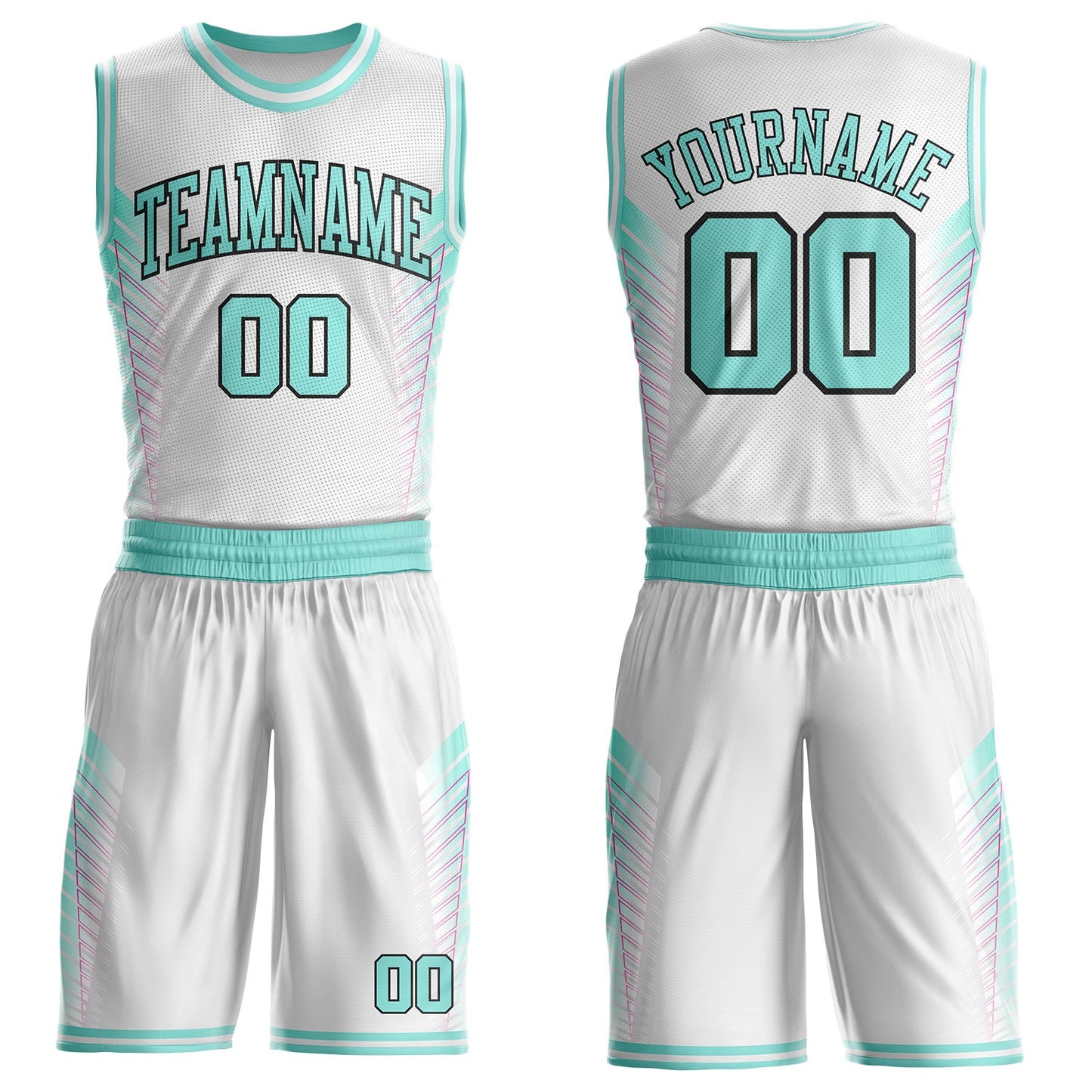 Custom White Ice Blue Hot Pink-Black Geometric Side Stripe Gradient Round Neck Sublimation Basketball Uniform Jersey