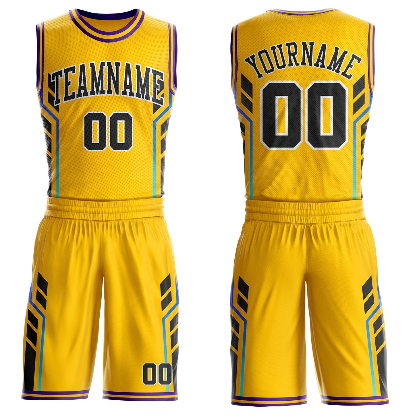 Custom Yellow Black White-Purple Geometric Side Stripe Gradient Round Neck Sublimation Basketball Uniform Jersey