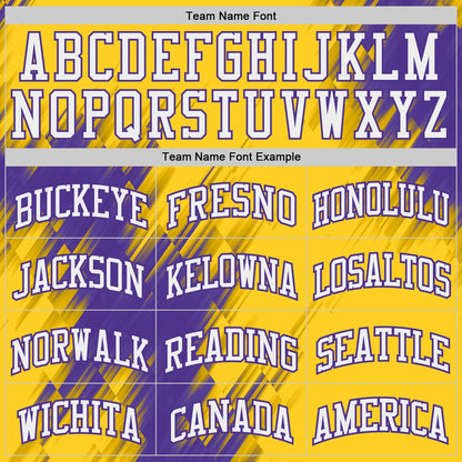 Custom Yellow White-Purple Brush Stroke Geometric Round Neck Sublimation Basketball Uniform Jersey