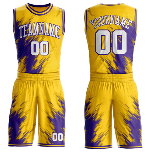 Custom Yellow White-Purple Brush Stroke Geometric Round Neck Sublimation Basketball Uniform Jersey