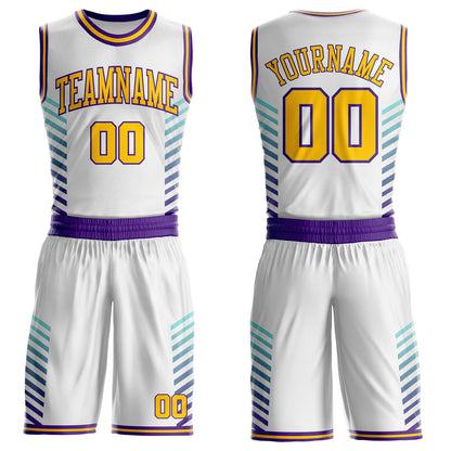 Custom White Yellow Purple-Lakes Blue Geometric Stripe Round Neck Sublimation Basketball Uniform Jersey