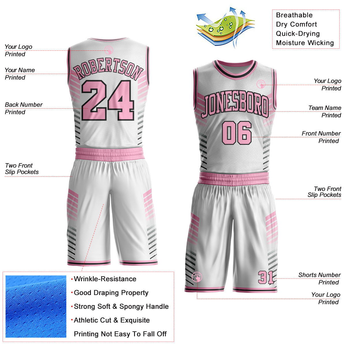 Custom White Light Pink-Black Geometric Stripe Round Neck Sublimation Basketball Uniform Jersey
