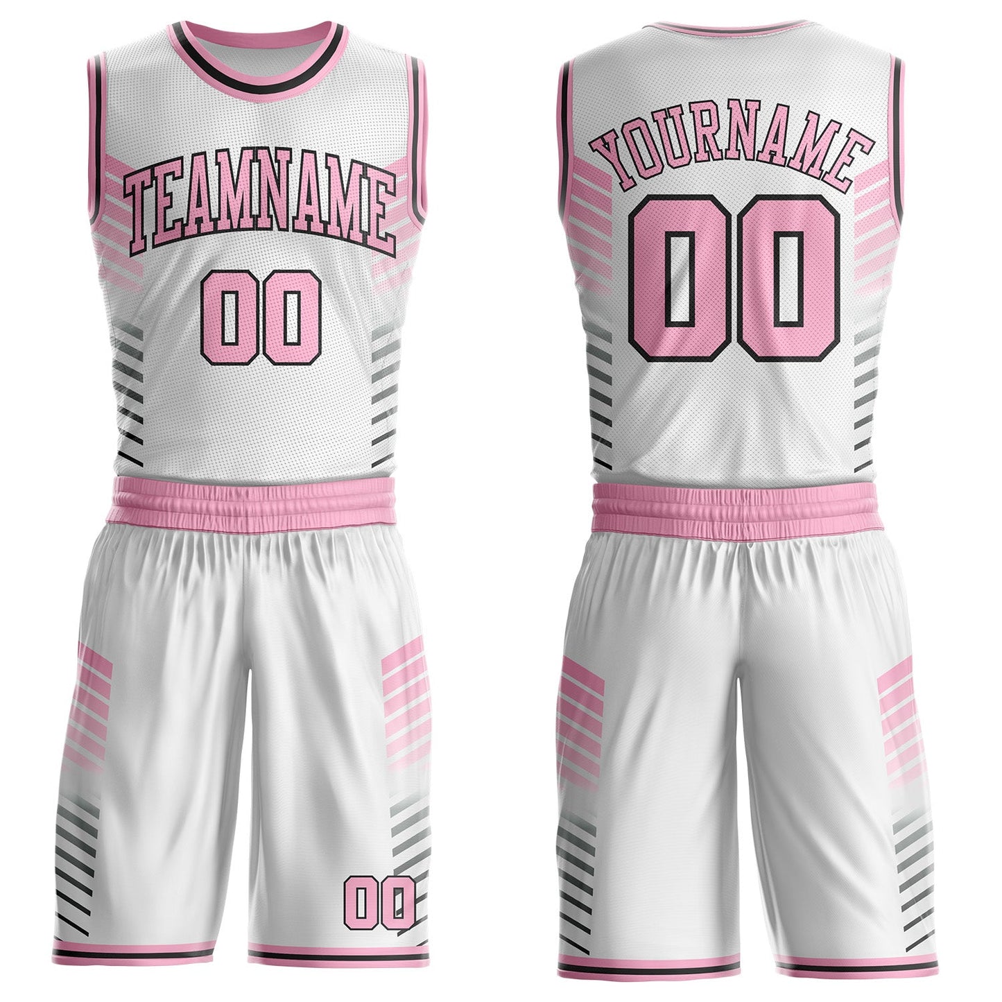 Custom White Light Pink-Black Geometric Stripe Round Neck Sublimation Basketball Uniform Jersey