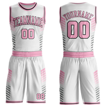 Custom White Light Pink-Black Geometric Stripe Round Neck Sublimation Basketball Uniform Jersey