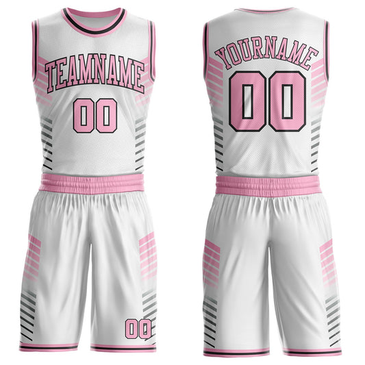 Custom White Light Pink-Black Geometric Stripe Round Neck Sublimation Basketball Uniform Jersey