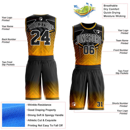 Custom Black Gold-White Geometric Diamond Gradient Round Neck Sublimation Basketball Uniform Jersey