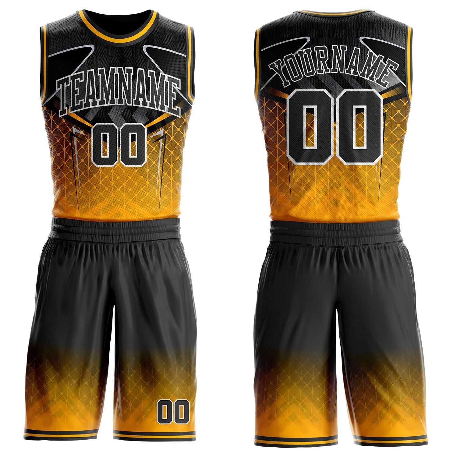Custom Black Gold-White Geometric Diamond Gradient Round Neck Sublimation Basketball Uniform Jersey
