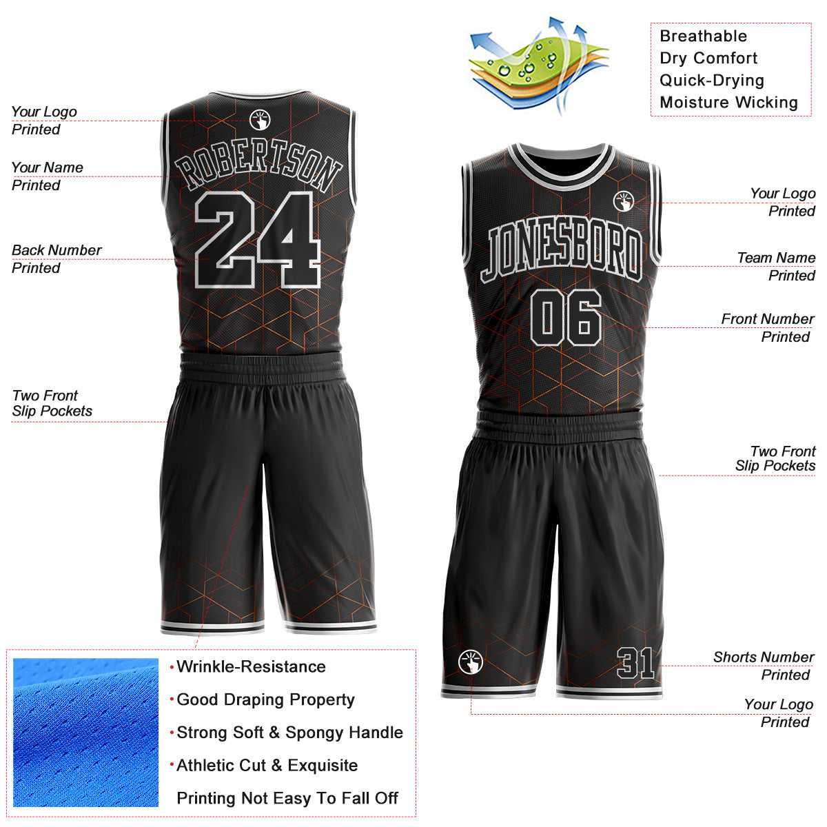 Custom Black-White Geometric Grid Round Neck Sublimation Basketball Uniform Jersey