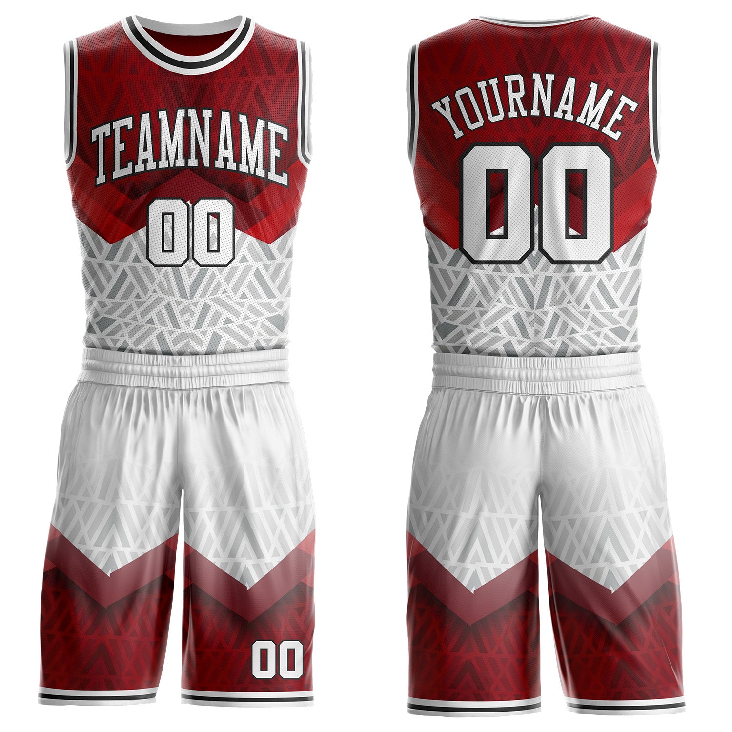 Custom Red White-Black Geometric Triangle Gradient Round Neck Sublimation Basketball Uniform Jersey