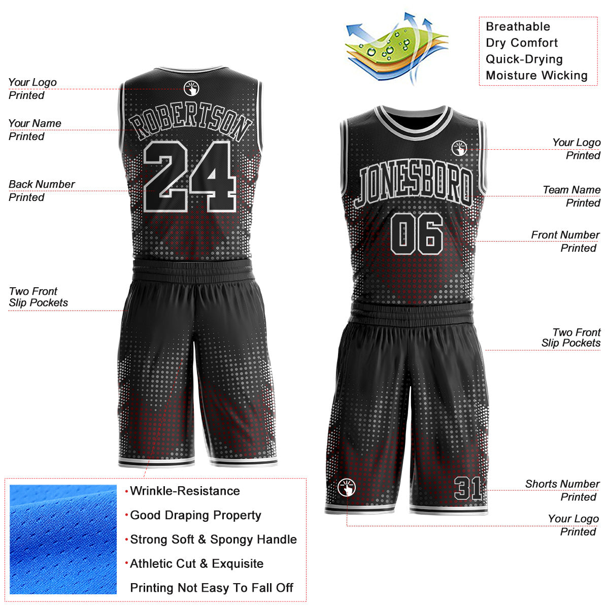 Custom Black-White Dot Gradient Round Neck Sublimation Basketball Uniform Jersey