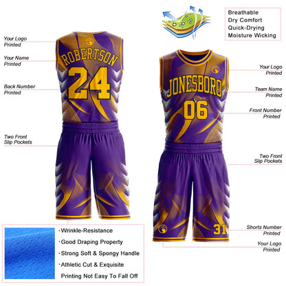 Custom Purple Gold-Black Wave Gradient Dot Round Neck Sublimation Basketball Uniform Jersey