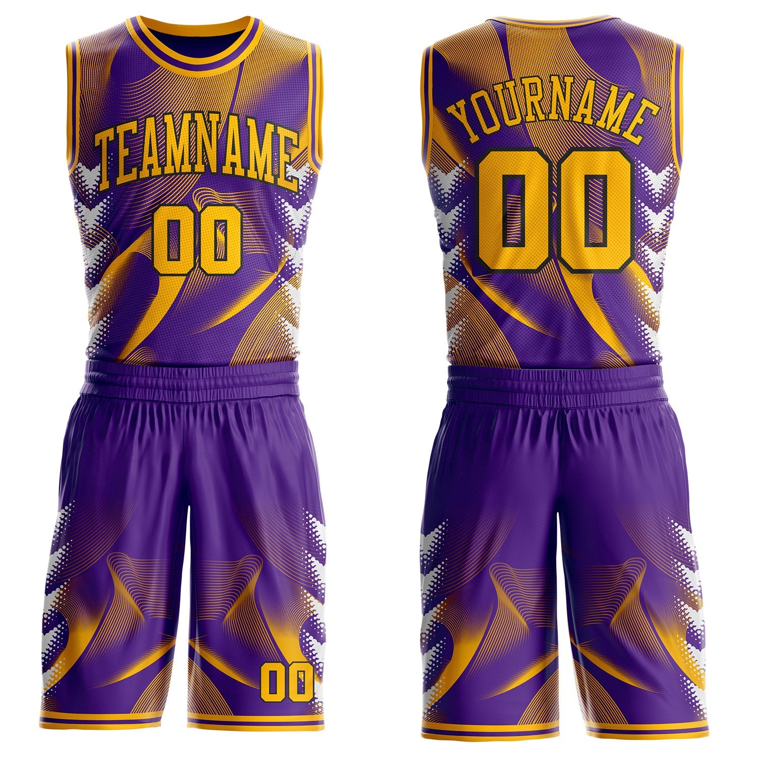 Custom Purple Gold-Black Wave Gradient Dot Round Neck Sublimation Basketball Uniform Jersey