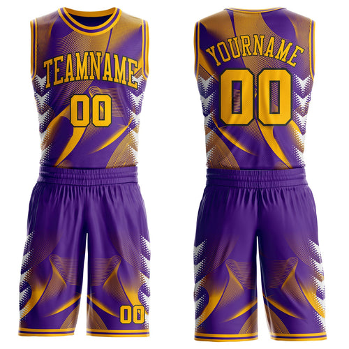 Custom Purple Gold-Black Wave Gradient Dot Round Neck Sublimation Basketball Uniform Jersey