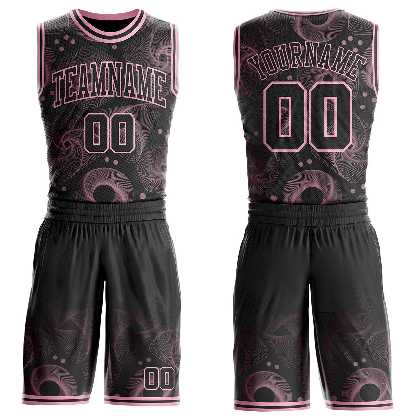 Custom Black-Light Pink Geometric Swirl Wave Lines Round Neck Sublimation Basketball Uniform Jersey
