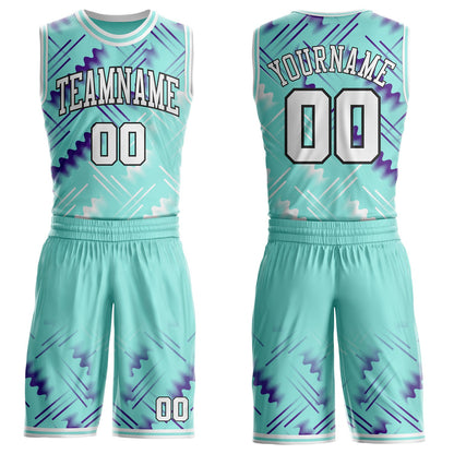 Custom Ice Blue White Purple-Black Geometric Wave Gradient Round Neck Sublimation Basketball Uniform Jersey
