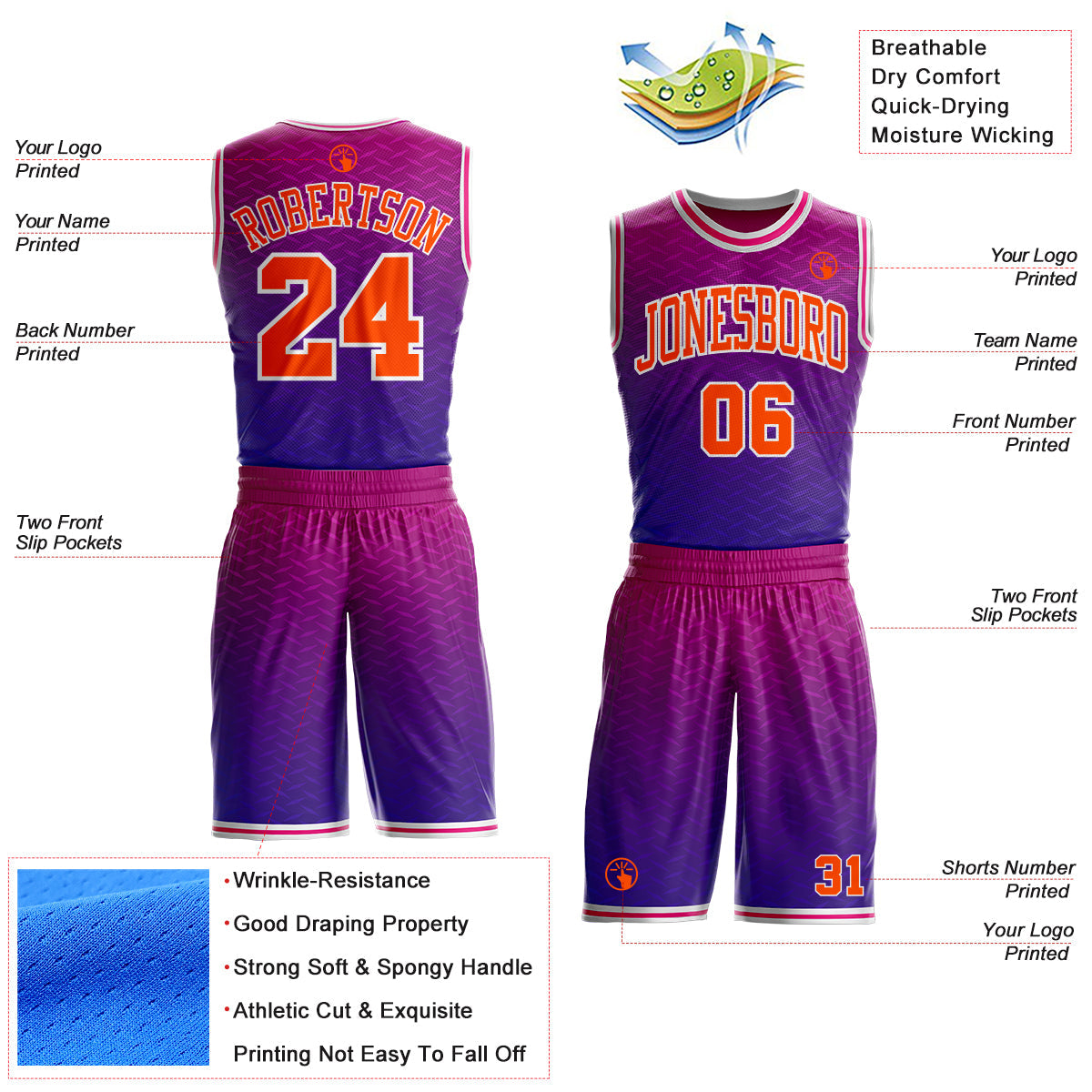Custom Dark Purple Orange White-Hot Pink Diamond Texture Gradient Round Neck Sublimation Basketball Uniform Jersey