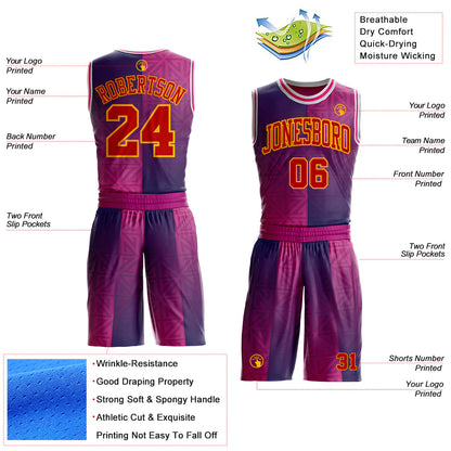 Custom Purple Red Hot Pink Gold-White Geometric Texture Gradient Round Neck Sublimation Basketball Uniform Jersey