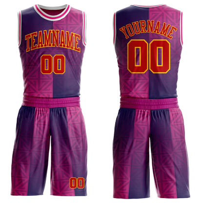 Custom Purple Red Hot Pink Gold-White Geometric Texture Gradient Round Neck Sublimation Basketball Uniform Jersey