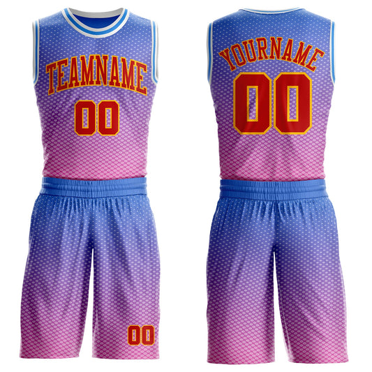 Custom Powder Blue Red Pink Gold-White Honeycomb Gradient Round Neck Sublimation Basketball Uniform Jersey