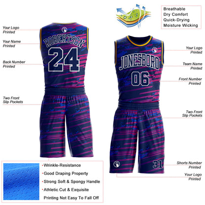 Custom Navy Hot Pink White-Gold Stripe Gradient Round Neck Sublimation Basketball Uniform Jersey