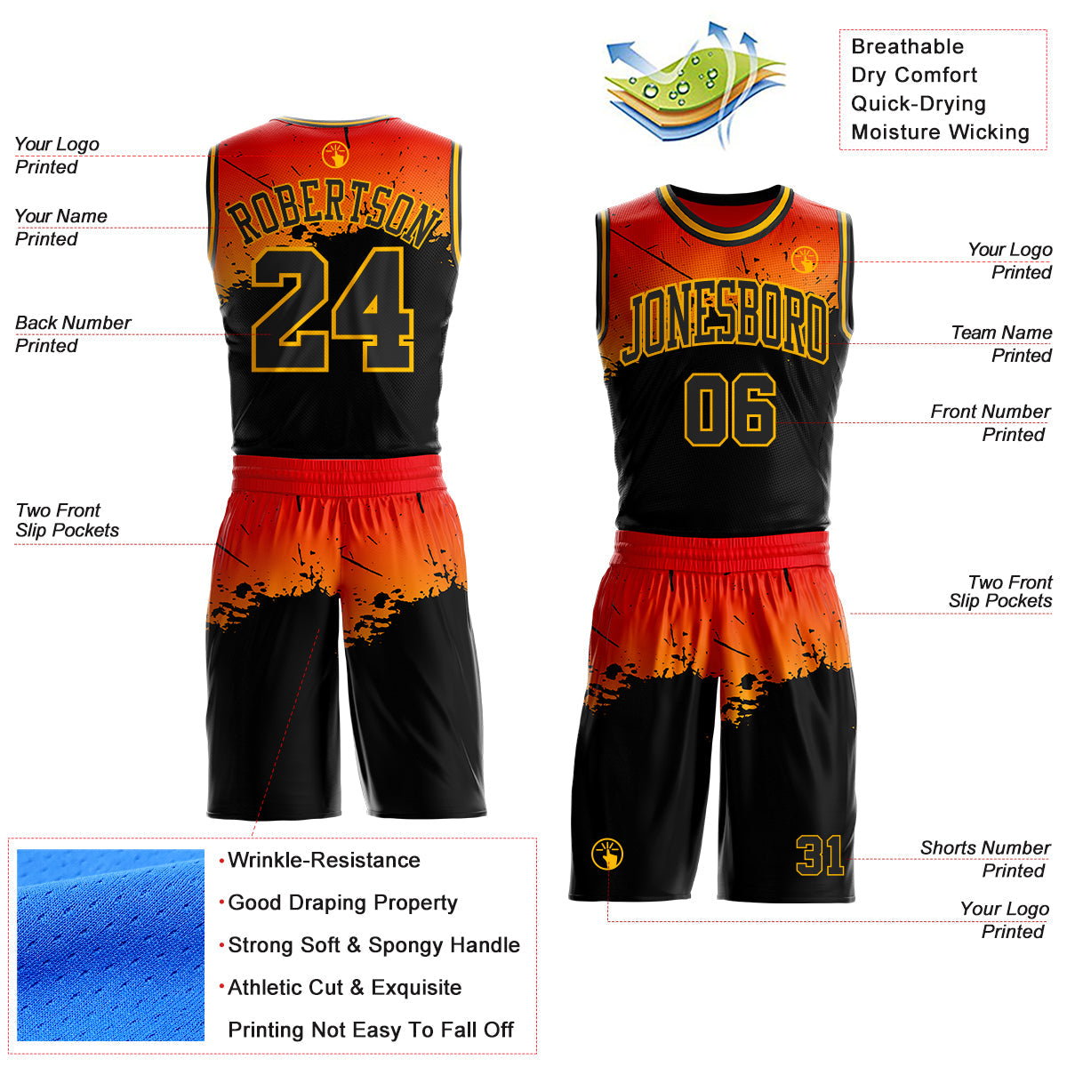 Custom Orange Black-Gold Splatter Gradient Round Neck Sublimation Basketball Uniform Jersey
