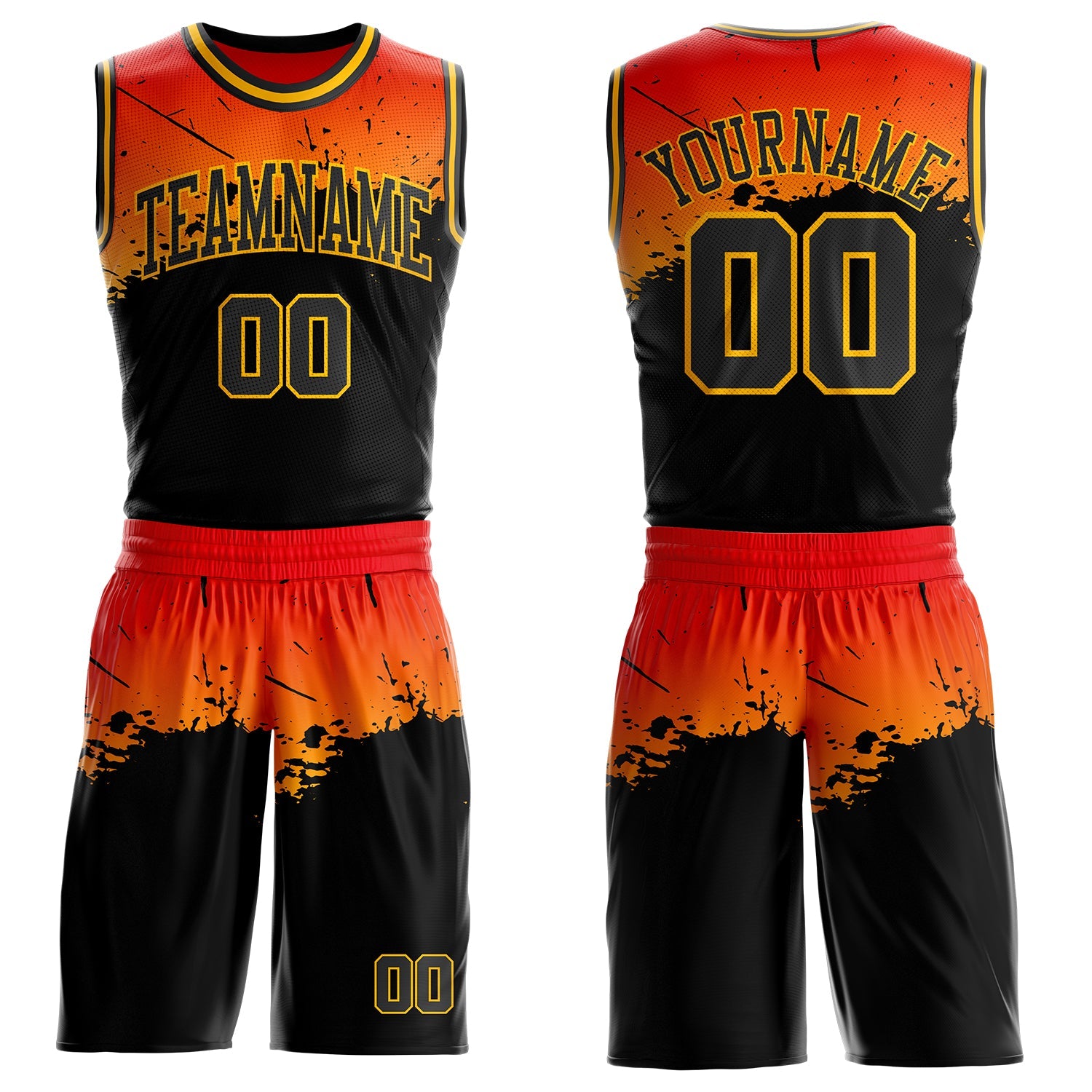 Custom Orange Black-Gold Splatter Gradient Round Neck Sublimation Basketball Uniform Jersey